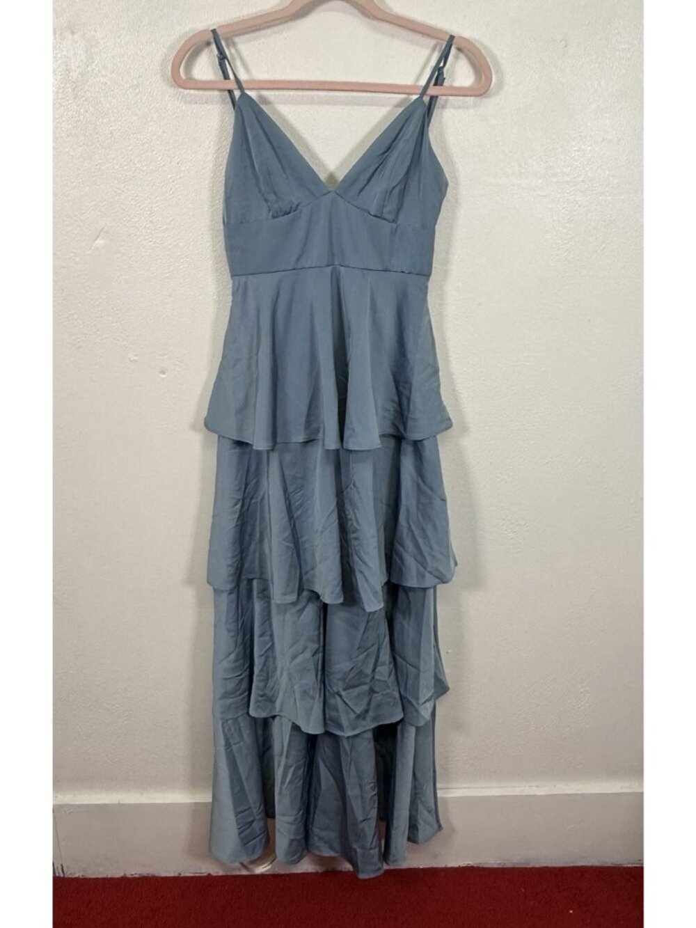 NWT Lulus Going with Elegance Slate Blue Satin Tiered Gown Bridesmaid Gala Small - Picture 2 of 14